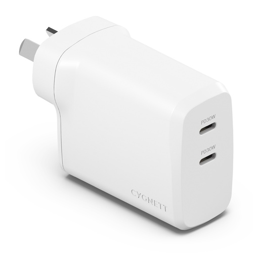 Cygnett PowerPlus 60W Dual Port USB-C PD Fast Wall Charger-White