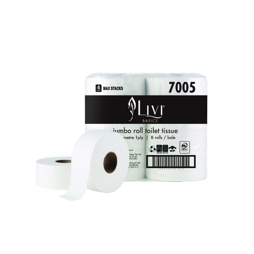 Livi Basics Bathroom Jumbo Toilet Paper 1Ply 500 Metres 8 Pack - 7005 