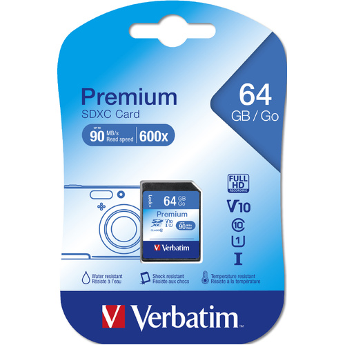 Verbatim 64GB Premium SDXC Memory Card, UHS-I V10 U1 Class 10 - 44024