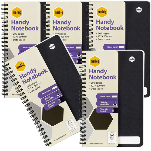 Marbig Handy Notebook 200 Pages 200X127mm 17191F Black - 5 Pack