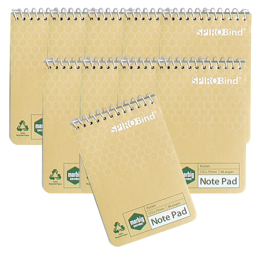 Marbig Spiro 100% Recycled Pocket Notebook, 96 Pages 112mm x 77mm 18053E - 10 Pack
