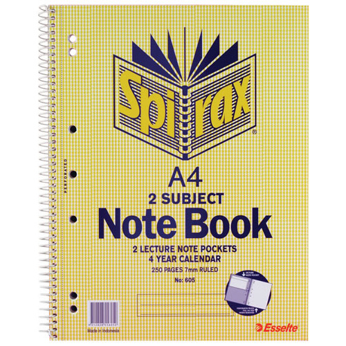 Spirax 605 A4 Spiral 2 Subject Book, Notebook, Notepad Side Opening 250 Pages - 5 Pack