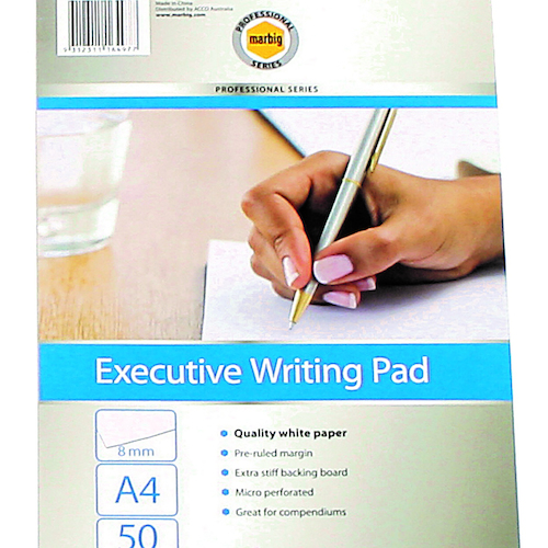 Marbig A4 Executive Writing Pad Ruled 8mm 50 Leaf Micro Perforated - 10 Pack