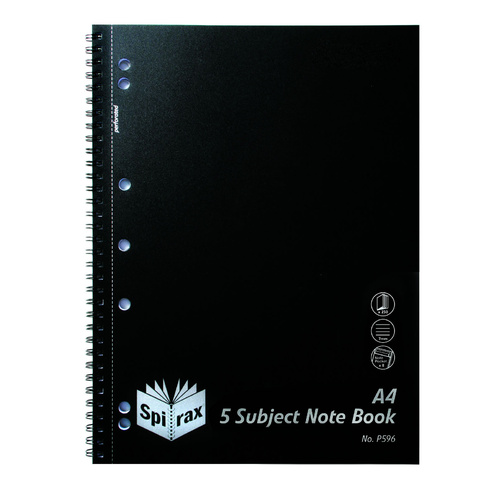 Spirax A4 P596 PP Side Opening 5 Subject Notebook 250 Page Black - 5 Pack