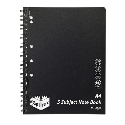 Spirax P599 A4 Side Opening Notebook 3 Subject 300pg Black - 3 Pack