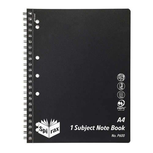 Spirax P600 PP A4 Side Opening Notebook 1 Subject 200pg - Black