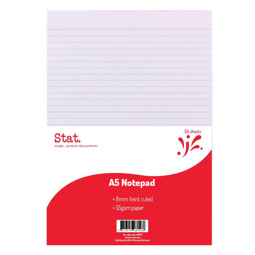 Stat A5 Notepad 8mm Ruled White 55gsm - 50 Sheets