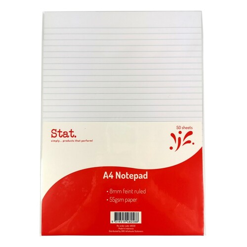 Stat A4 Notepad 8mm Ruled White 55gsm - 50 Sheets