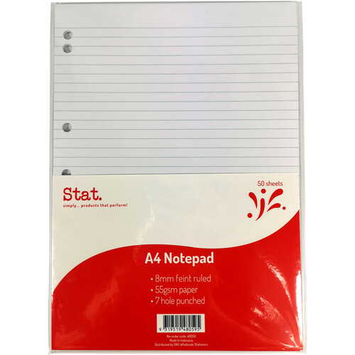 Stat A4 Notepad 8mm Ruled 7 Hole Punched White 55gsm - 50 Sheets
