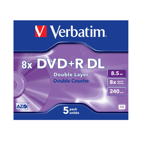 Verbatim Double Layer(8x) DVD+R Dual Layer 8.5gb 5 Pack Jewel Case - 43541