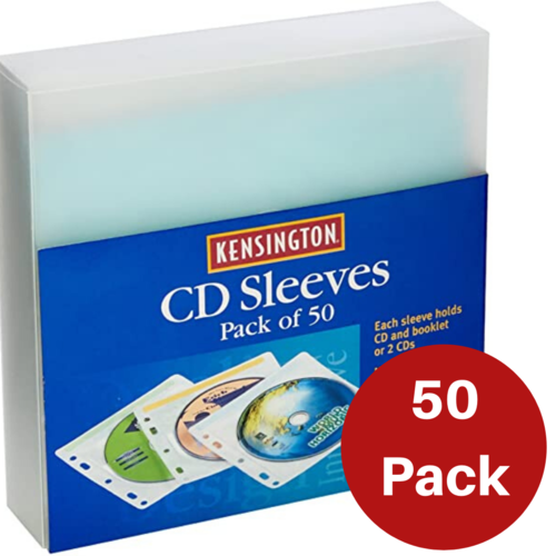 Kensington CD/DVD Sleeve 2 CD Capacity Soft Protective Material + Binder Holes - 50 Pack