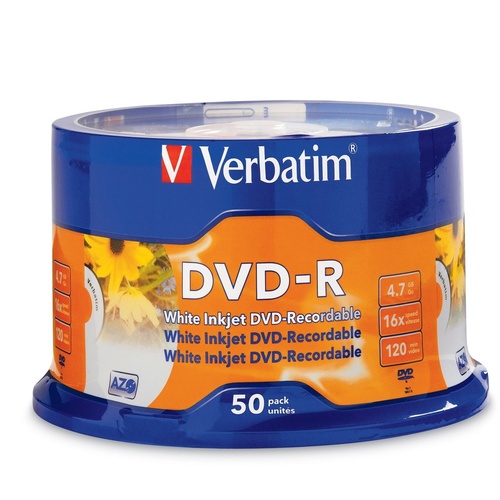 Verbatim DVD-R 4.7GB White InkJet Printable 50 Pack 16X - V95137