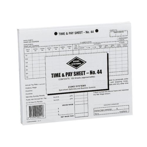 Zions Time & Pay Sheet Hotel NO. 44 - 100 Pack 