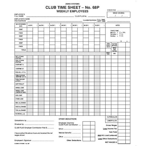 Zions Club Time & Pay Sheet 68P 240x205mm Permanent - 100 Pack