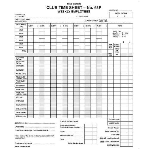 Zions Club Time & Pay Sheet 68P 240x205mm Permanent - 100 Pack