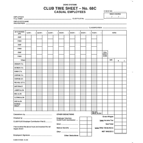 Zions Club Time & Pay Sheet 68C 240x205mm - 100 Pack