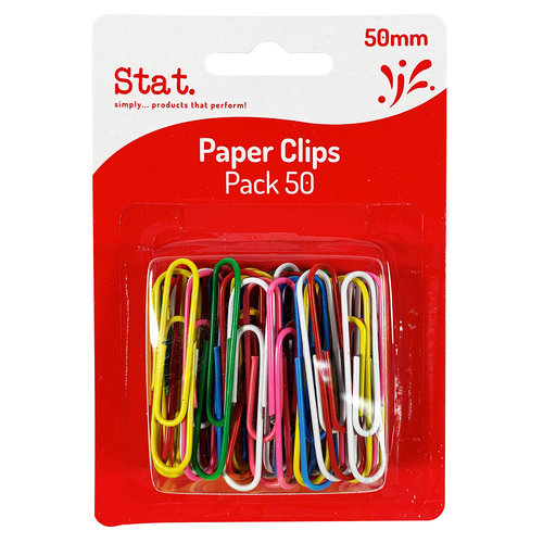 STAT 50mm Large Vinyl Glide-On Paper Clips 50/Pack - Assorted Colours