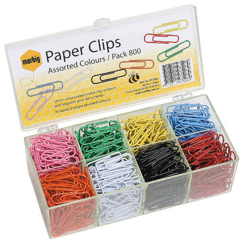 Marbig 33mm Paper Clips (Box 800) - Assorted Colours