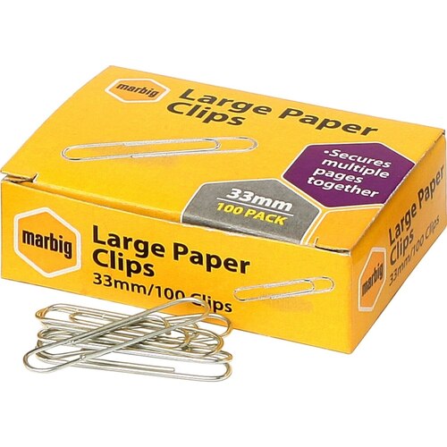 Marbig 33mm Paper Clips Paper Clips Large Round 33mm Chrome - 100 Pack