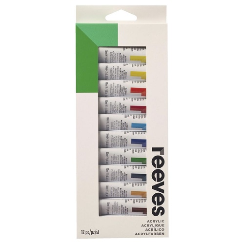 Reeves Acrylic Paint Set 12x10ml Tubes - Assorted Colours