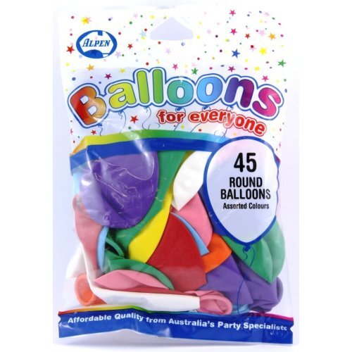 Alpen Round Balloons 23cm Pack 45 - Assorted Colours