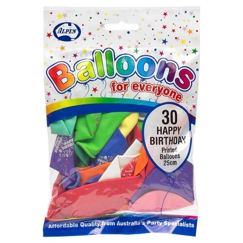 Alpen 25cm Happy Birthday Printed Balloons Pack 30  - Assorted Colours