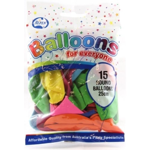 Alpen 25cm Round Balloons Pack 15 - Assorted