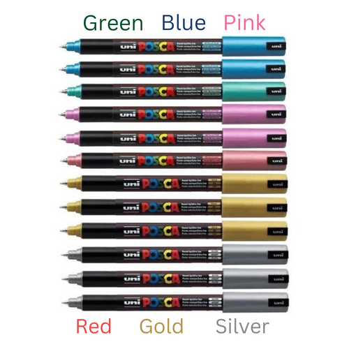 UNI Paint Marker Posca Pen Needle Point Tip PC-1MR12 12 Pack - 6 Assorted Metallic Colours