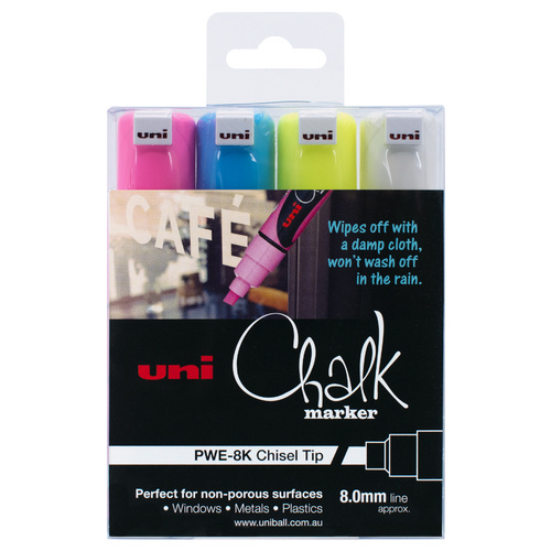 Uni Liquid Chalk Glass, Chalkboard Marker Chisel Tip 8mm Assorted Colours - 4 Pack
