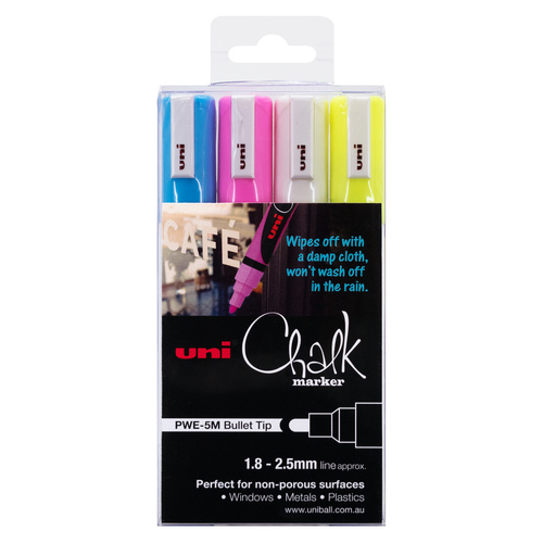 Uni Liquid Chalk Glass, Chalkboard Marker Bullet Tip 1.8mm- 2.5mm Assorted Colours - 4 Pack