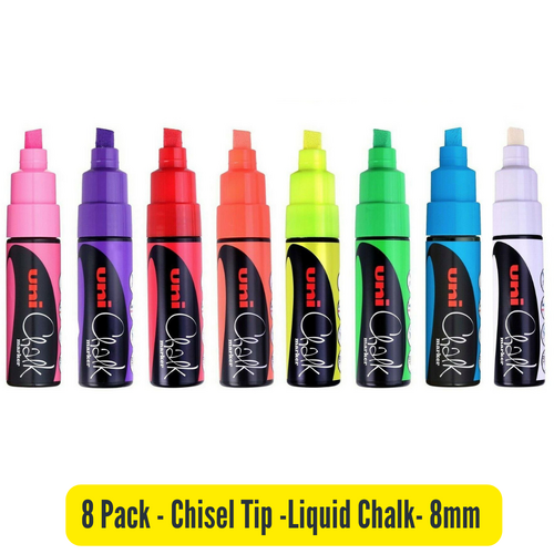 Uni Liquid Chalk Glass, Chalkboard Marker Chisel Tip 8mm Assorted Colours PWE-8K - 8 Pack