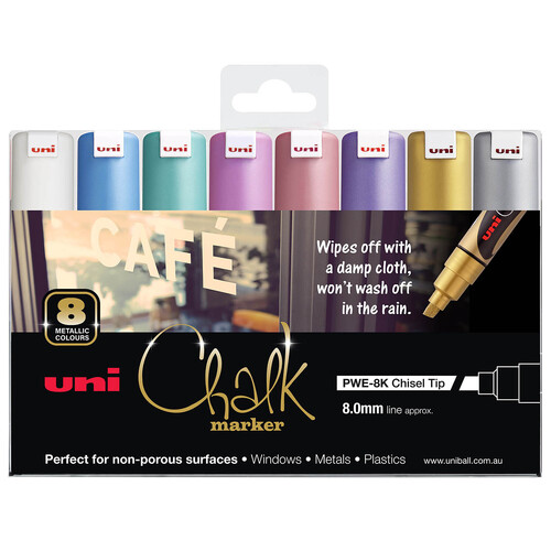 Uni Liquid Chalk Glass, Chalkboard Marker Chisel Tip 8mm Assorted Metallic Colours PWE-8K - 8 Pack