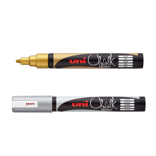 Uni Liquid Chalk Marker Bullet Tip 2.5mm For Glass, Windows, or Blackboards - Gold + Silver