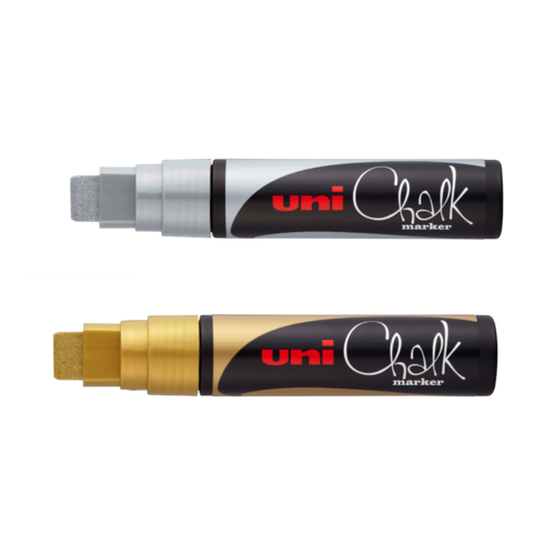 2 X Uni Liquid Chalk Marker Broad Chisel Tip 15mm For Glass, Windows, or Blackboards - Gold + Silver