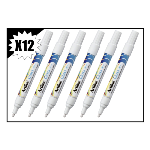 12 X Artline Glass Marker, Dry Erase 4mm Bullet Nib For Glassboards - White