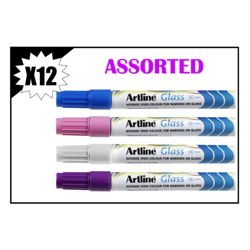 12 X Artline Glass Marker, Dry Erase 4mm Bullet Nib For Glassboards - Assorted Colours