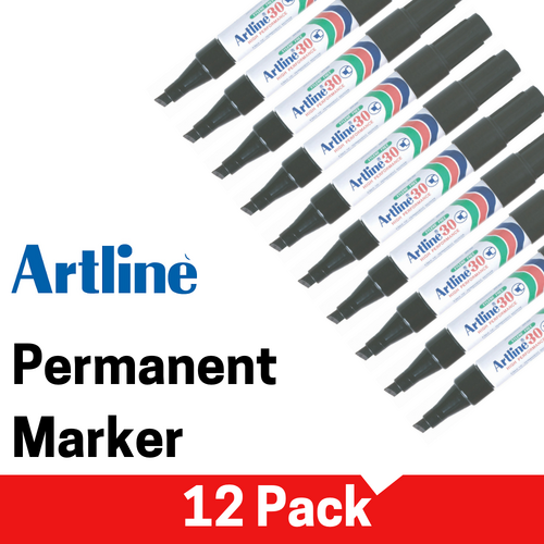 Artline 30 Permanent Marker 2-5mm Chisel Nib Black - 12 Pack