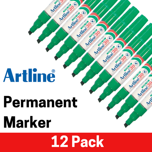 Artline 30 Permanent Marker 5mm Chisel Nib Green - 12 Pack