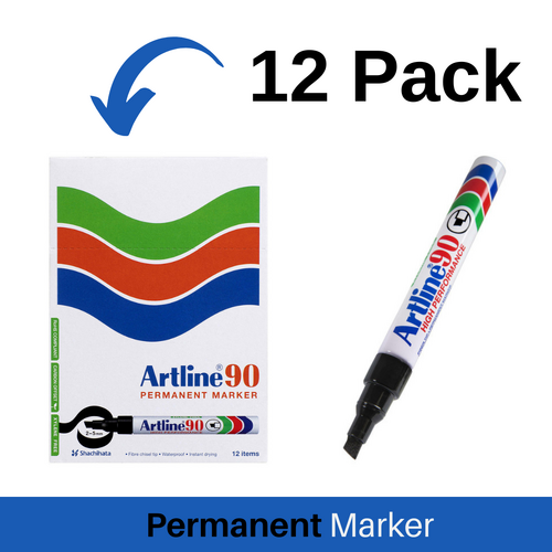 Artline 90 Permanent Marker 5mm Chisel Nib BLACK 109001 - 12 Pack