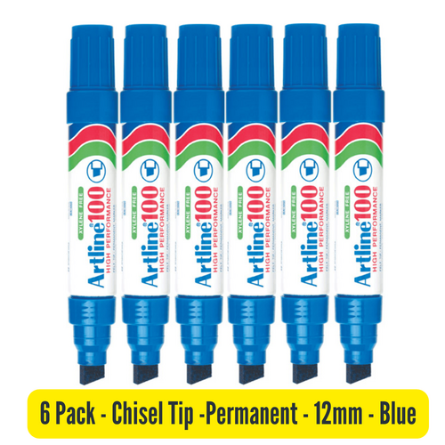 Artline 100 Permanent Marker 12mm Chisel Nib BLUE 110003 - 6 Pack