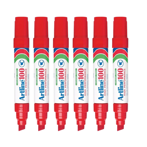 Artline 100 Permanent Marker 12mm Chisel Nib RED 110002- 6 Pack 