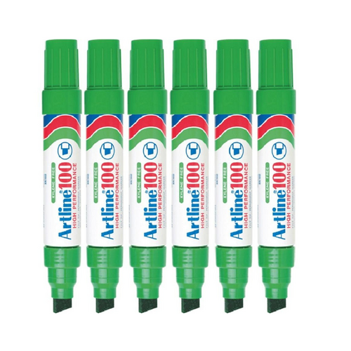 Artline 100 Permanent Marker 12mm Chisel Nib GREEN 110004 - 6 Pack 