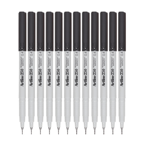 Artline 250 Permanent Marker 0.4mm Super Fine Tip BLACK 125001 - 12 Pack 