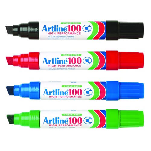 Artline 100 Permanent Marker Chisel Nib 7.5 - 12mm Assorted 4 Colours - 6 Pack