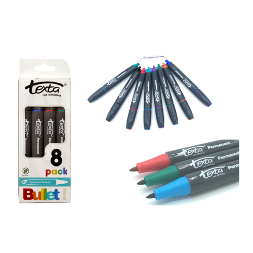 Texta Permanent Marker Bullet Tip Assorted Colours - 8 Pack + Free Carabiner