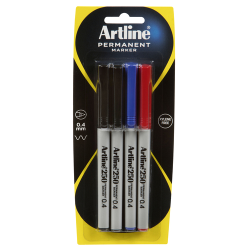 Artline 250 Permanent Markers Assorted Colours - 4 Pack