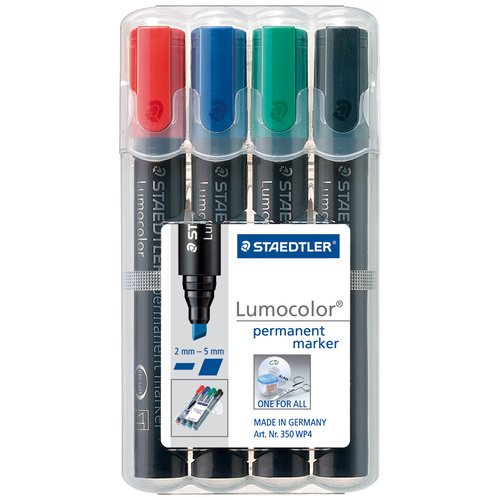 Staedtler Lumocolor 350 Permanent Marker Chisel Tip 2-5mm Assorted Colours - 4 Pack