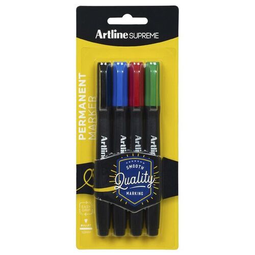 4PK Artline Supreme Permanent Markers Bullet Point 1mm Assorted Colours 107174