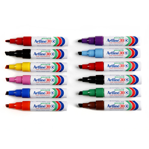 Artline 30 Permanent Marker 5mm Chisel Nib Assorted Colours - 12 Pack