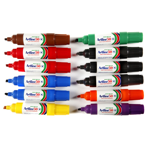 Artline 50 Permanent Marker 6mm Chisel Nib Assorted Colours - 12 Pack